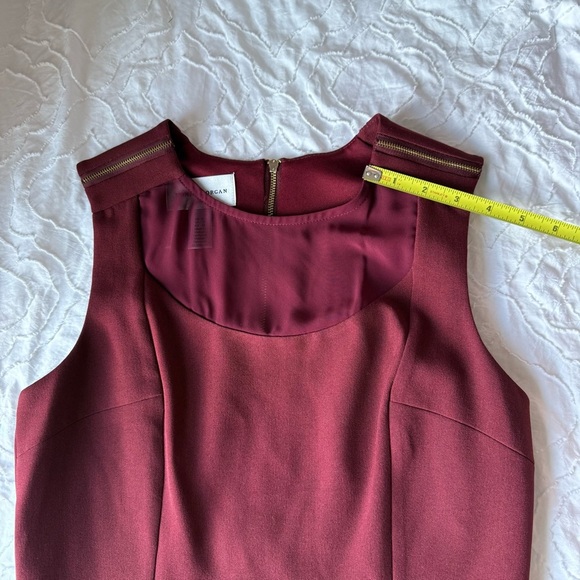 Donna Morgan Rich Burgundy Midi Dress Gold Zipper Detail and Mesh Neckline - Picture 3 of 9